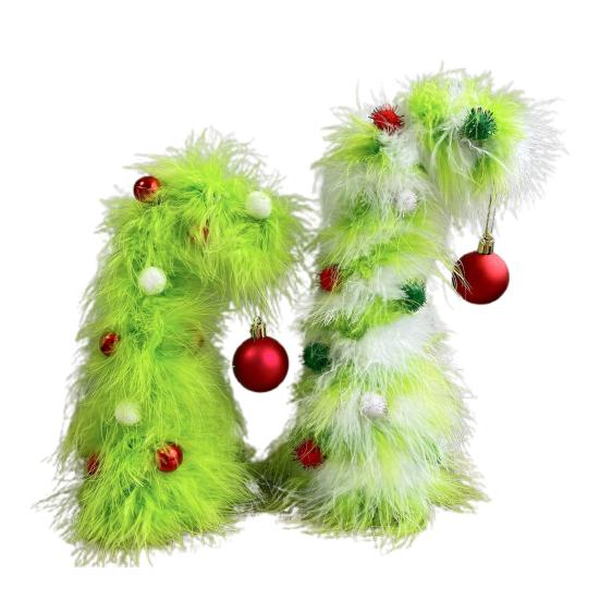 2 Pcs Green Furry Christmas Tree Faux Fur Plush Christmas Tree Tabletop Centerpiece with Red Xmas Ball for Home Party Holiday Decor