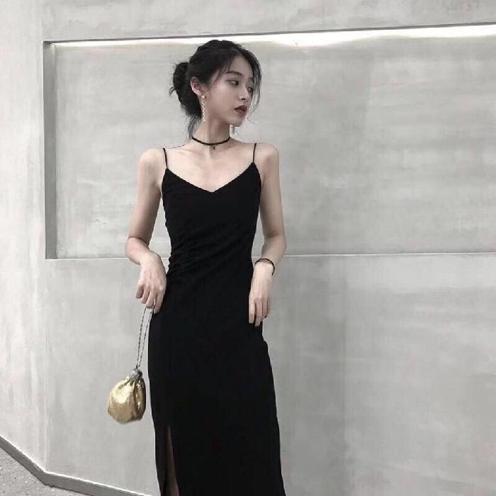 

Black suspender dress children s summer new women s clothing French Hepburn style sexy and thin split dress S чёрный