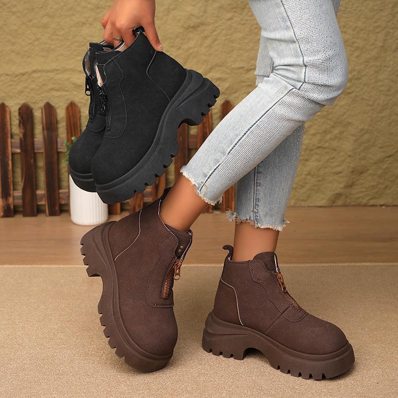 Black Slimming Lace-up  Boots for WomenNew Spring and Autumn British Style Height-Increasing Chunky Heel Low-Cut Boots