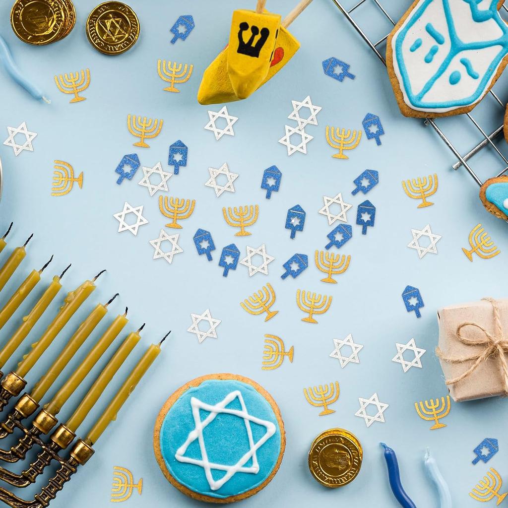 Whaline 300Pcs Hanukkah Table Confetti Menorah Star Dreidel Shaped Glitter Confetti Blue Gold Silver Table Centerpiece For Chanukah Party Decoration