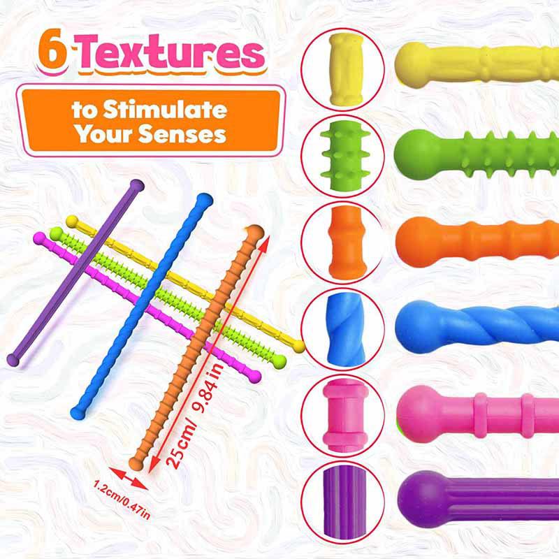6 pcs Colorful Silicone Sensory Sticks Autism Textured Calming Fidget Toy Classroom Student Anxiety Relief Travel Relaxation Toy