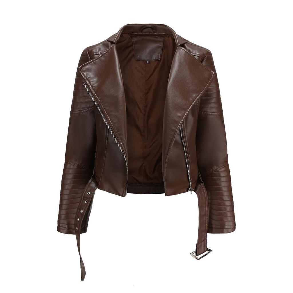 Punk Style Jackets for Women Faux Leather Lapel Tie Belt Motorcycle Short Coat Long Sleeves Zipper Outwear Bomber Tops
