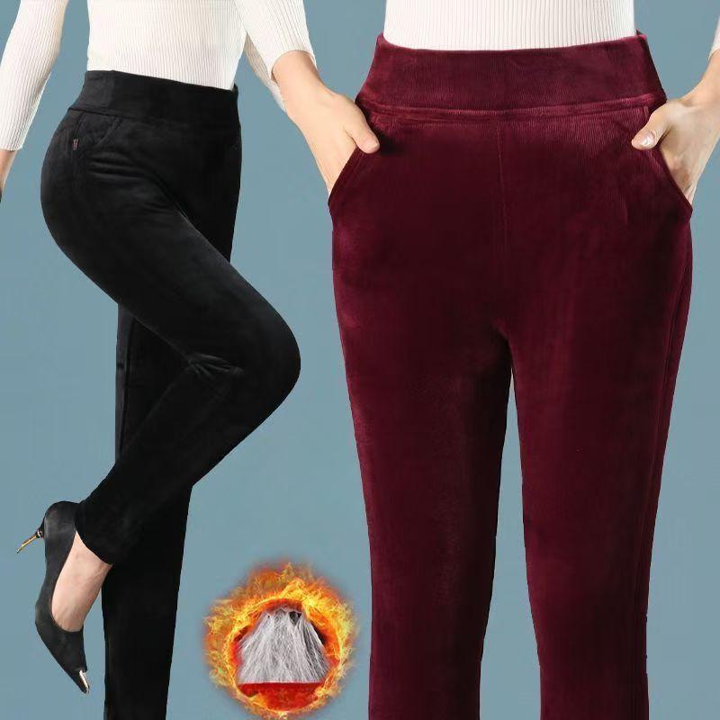 Women Thickened Corduroy Pants Winter New Warm High Waist Middle Aged and Elderly Elastic Cotton Solid Color Pants Large Size