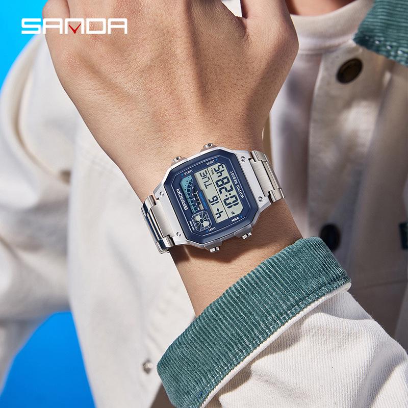 Sanda Men's Outdoor Sports Electronic Watch - Multifunctional, Waterproof, with Countdown and Snooze Feature.