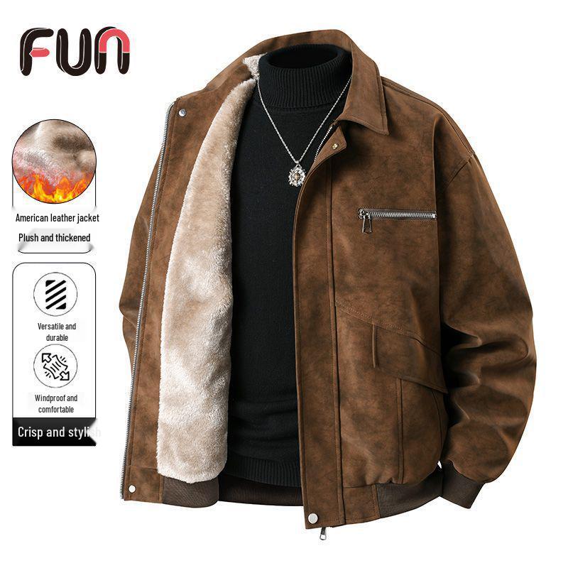Men's American-Style Winter Leather Jacket with Fleece Lining – Solid, Warm, Windproof, Lapel, Loose Fit, Versatile.