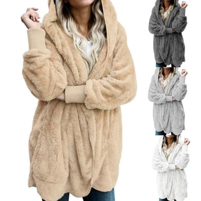 Winter Women Hooded Coat Long Sleeve Faux Fur Jacket for Daily Wear