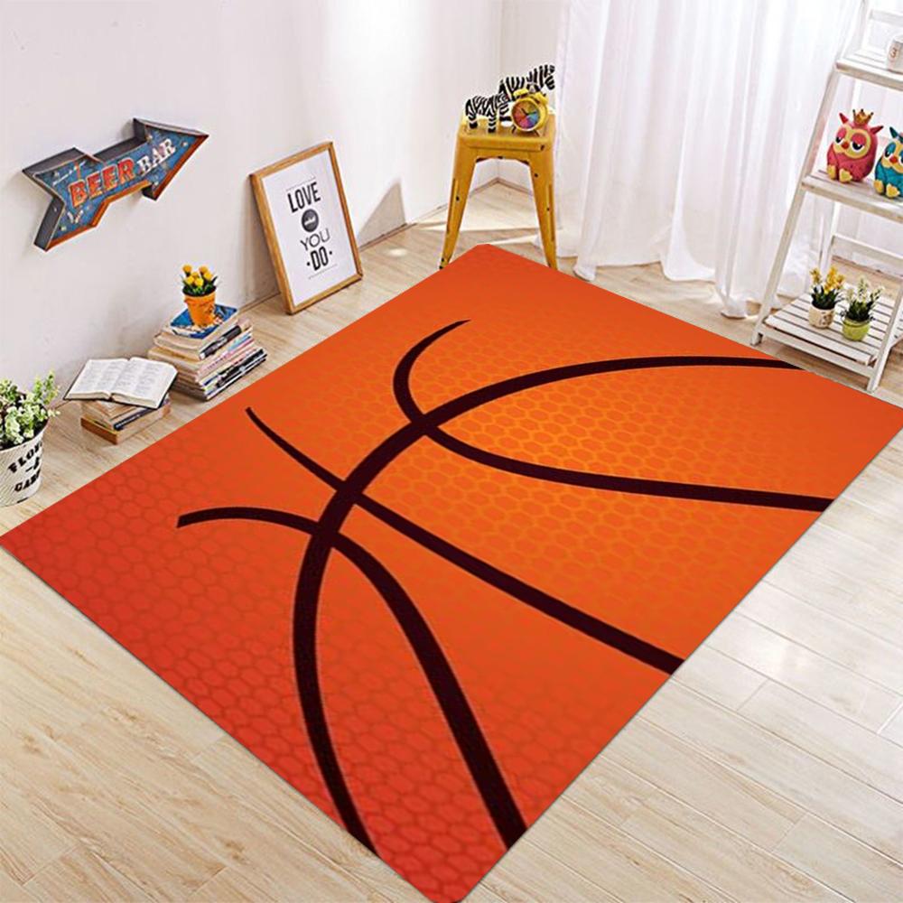 Großer Basketballplatz Muster Teppich für Wohnzimmer und Schlafzimmer Lebendiges Orange Sport Thema Bodenmatte Rutschfest Weicher Bereichsteppich