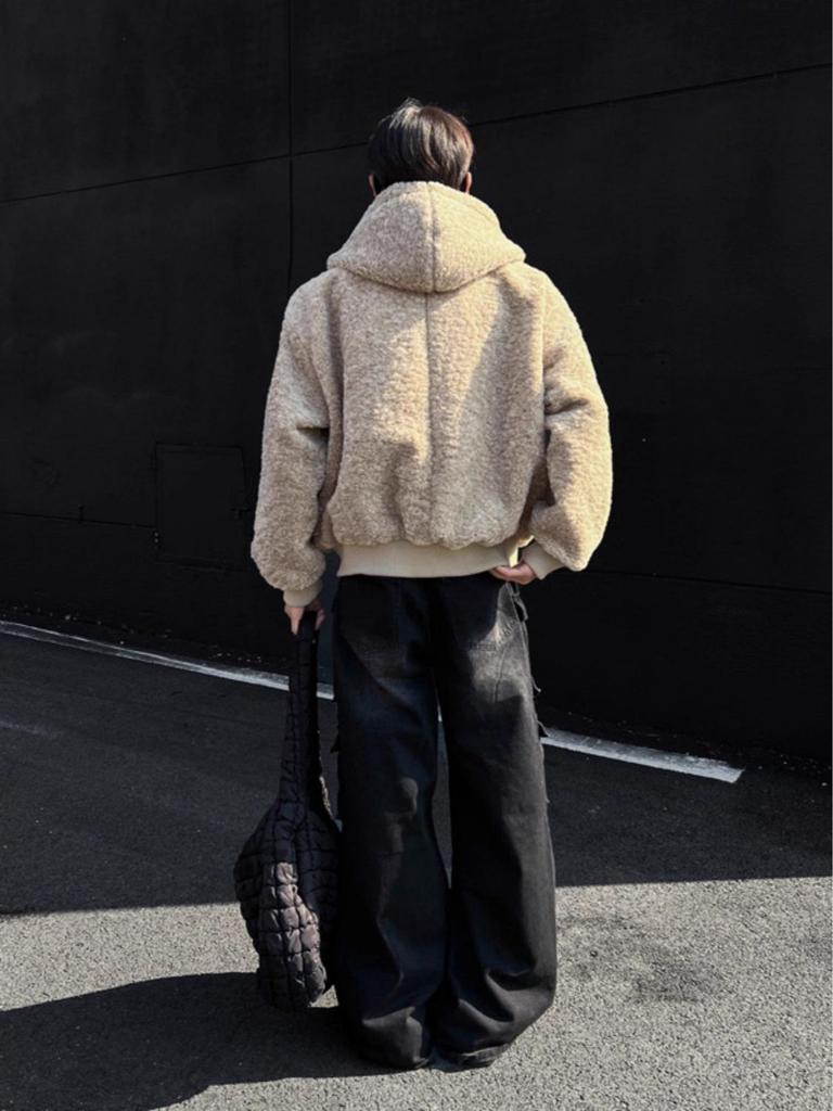Men's American Retro Lambswool Coat - Winter Hooded Fur Cardigan with Velvet Lining