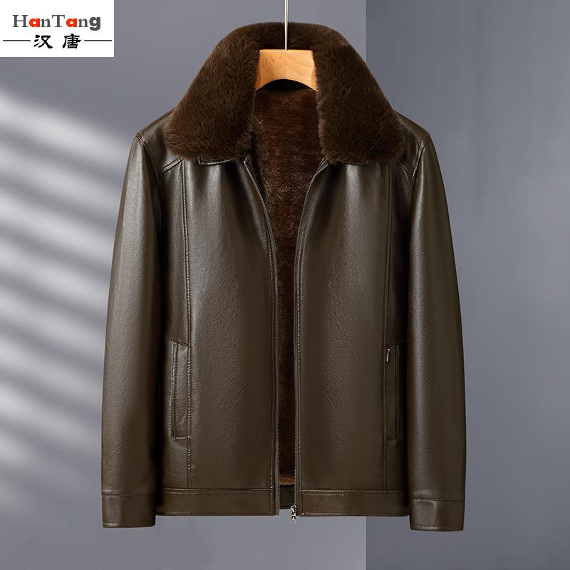 

Мужское кожаное пальто, зимнее утепленное повседневное мужское кожаное пальто с воротником-поло на молнии 62 коричневый