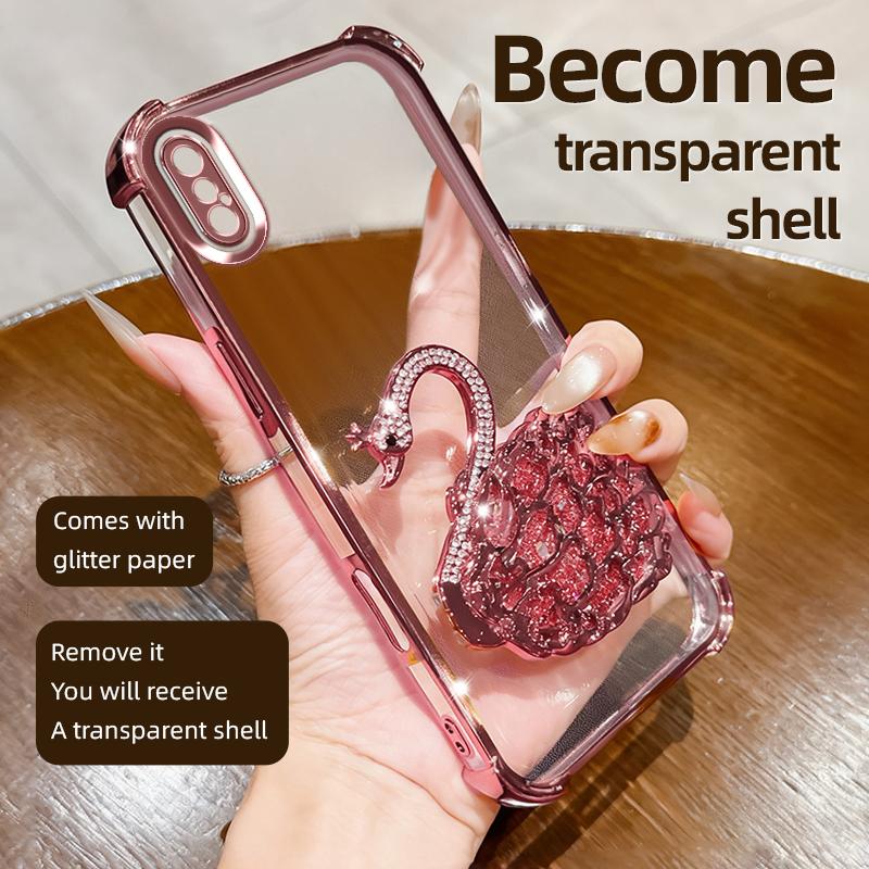 KEYSION Shockproof Plating Phone Case for iPhone XS Max Clear TPU Glitter Jewelled Swan Kickstand Back Cover for iPhone X XR