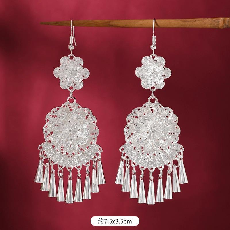 

Flower silk butterfly seedling silver earrings retro long fringed niche high-end earrings women