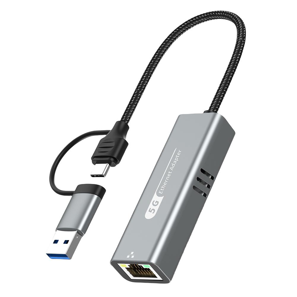 

Адаптер 2 в 1 USB/Type C к Ethernet 5000 Мбит/с Конвертер сети USB-C к RJ45 USB-C LAN-адаптер для Windows 10/11 и Mac OS