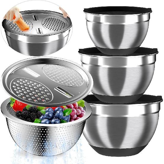 Mixing Bowls with Airtight Lids, Stainless Steel Mixing Bowl Set with 3 Metal Nesting Bowls, Colander & Grater, Non-Slip Bottoms, Size 1.5, 2.5, 5