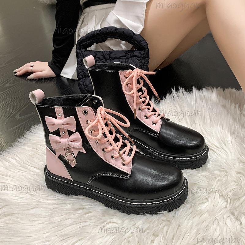 Women's Cute Lolita Platform Ankle Boots Black/White Bowknot Lace-Up Bottes Low Heel Sweet Fashion Botines for Women Botas Mujer