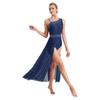 Womens Lyrical Dance Costume Glittery Rhinestones Asymmetrical Shoulder Sleeveless Split Sheer Mesh Dress