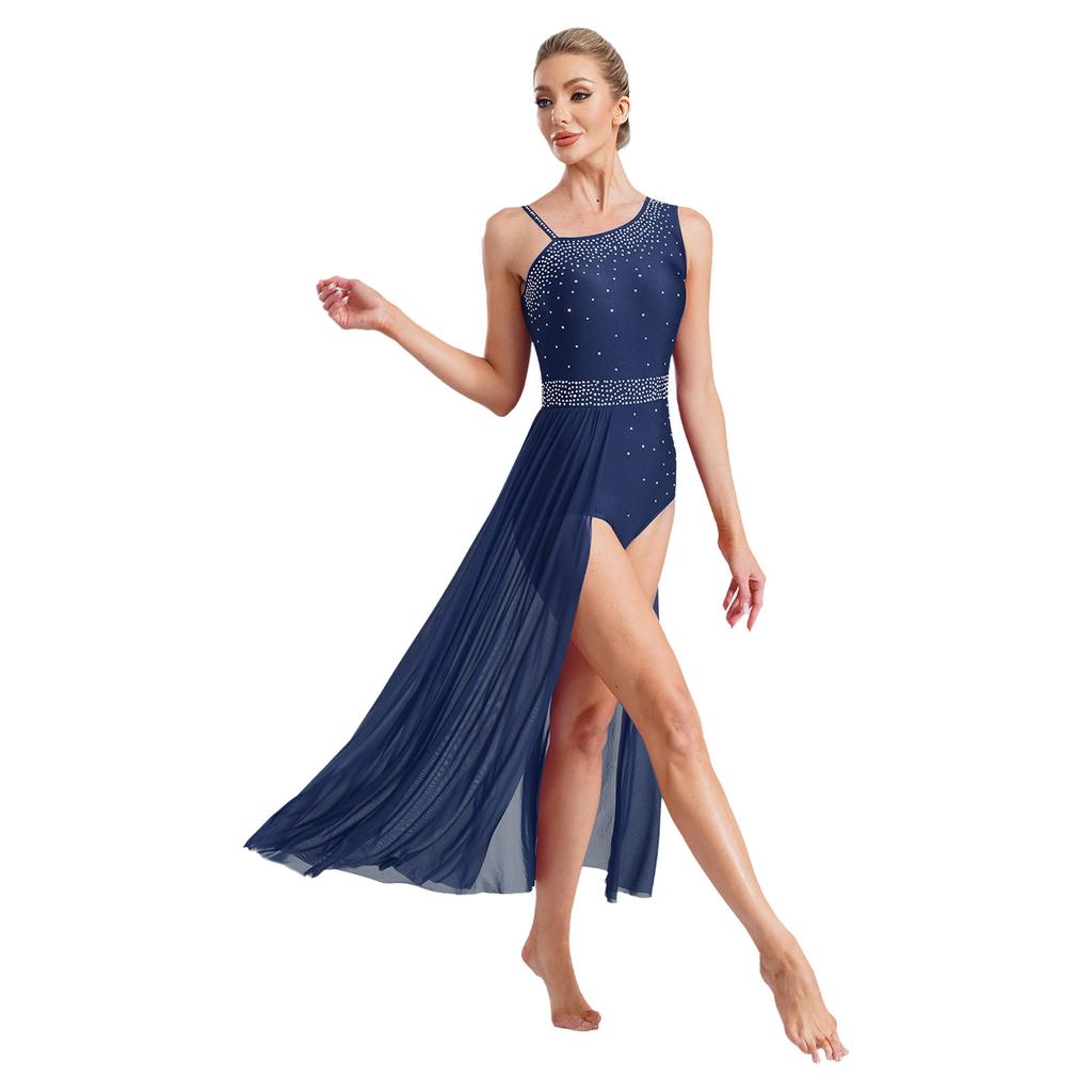 Womens Lyrical Dance Costume Glittery Rhinestones Asymmetrical Shoulder Sleeveless Split Sheer Mesh Dress
