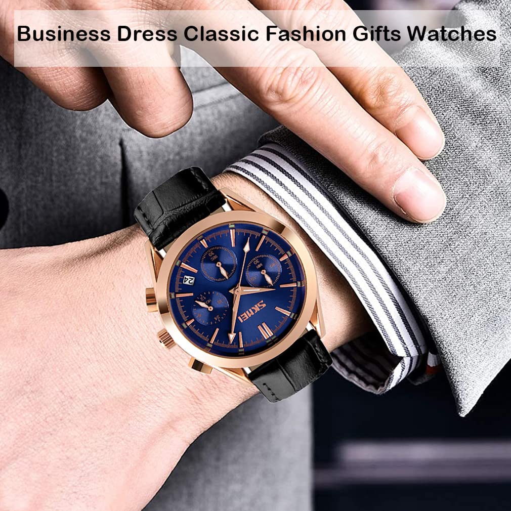 Watches for Men Black Leather Strap Arm Watch Chronograph Waterproof Brand Analog Business Stylish Casual Luminous Watch Luxury Gift Blue Watches for