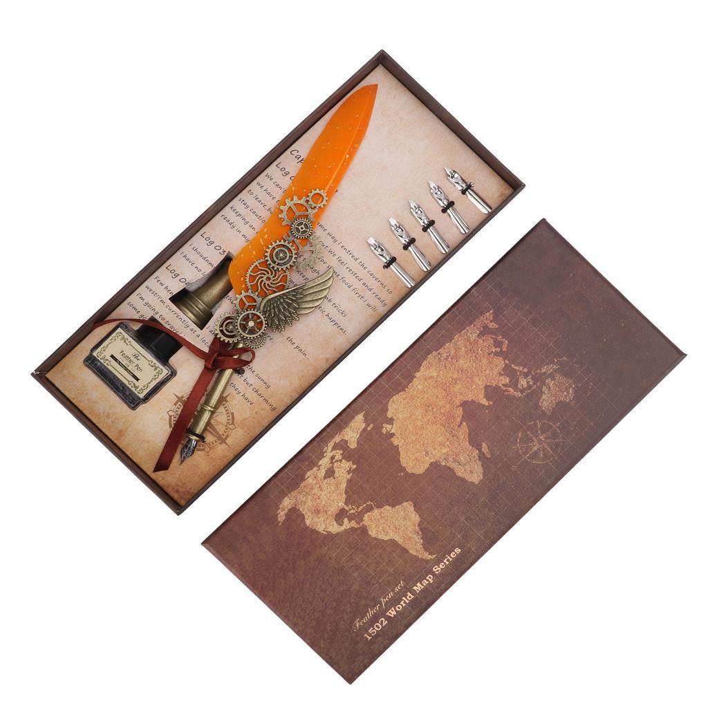 Quill Pen and Ink Set Writing Smoothly Vintage Carving Nib Natural Wear Resistant Pen and Ink Set