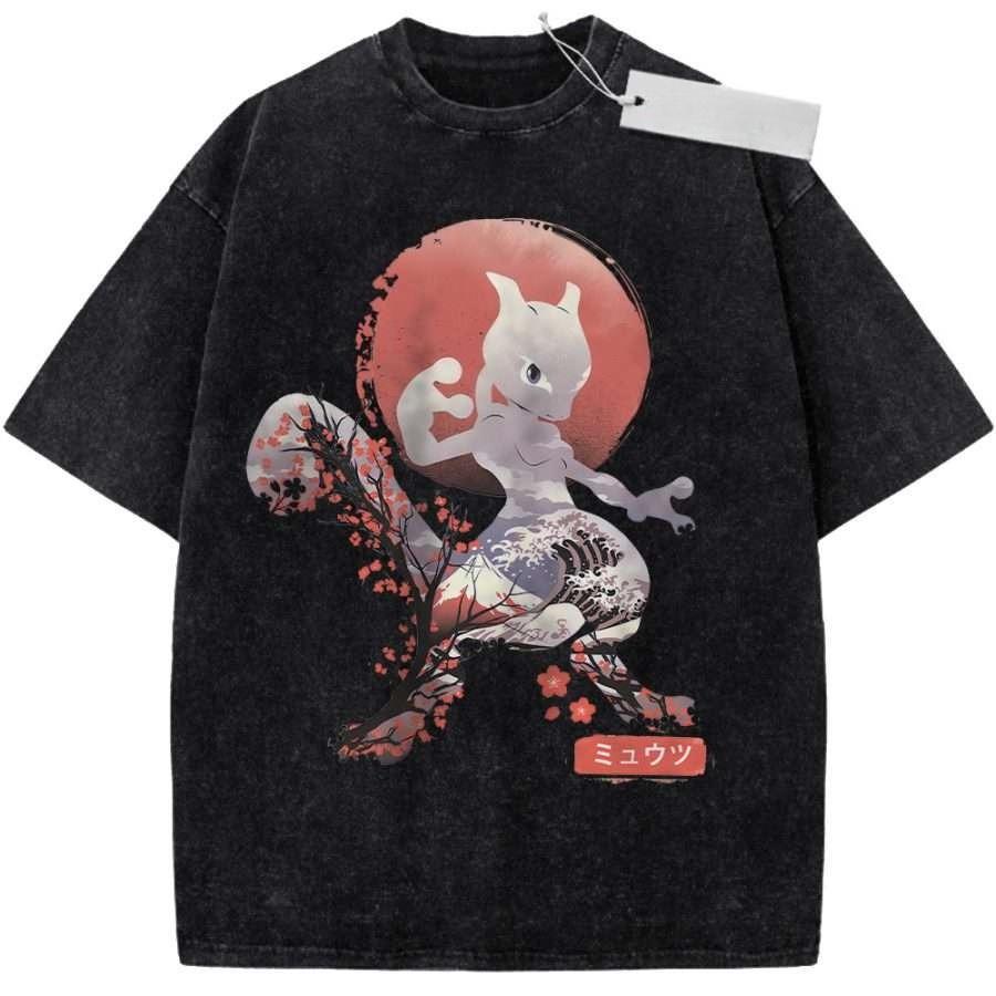 Vintage Washed Pokemon Mew TShirt Oversized Octopus Donut Graffiti Anime Graphic Streetwear Tee for Casual Daily Campus Home