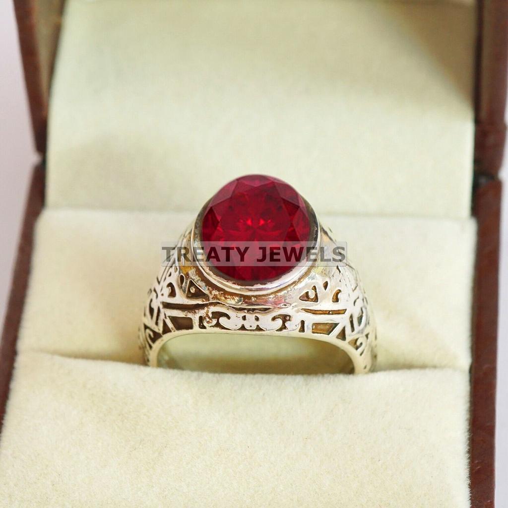 Ruby Oval Cut Gemstone With 925 Sterling Silver Ring For Men's #B515 JL375684085934