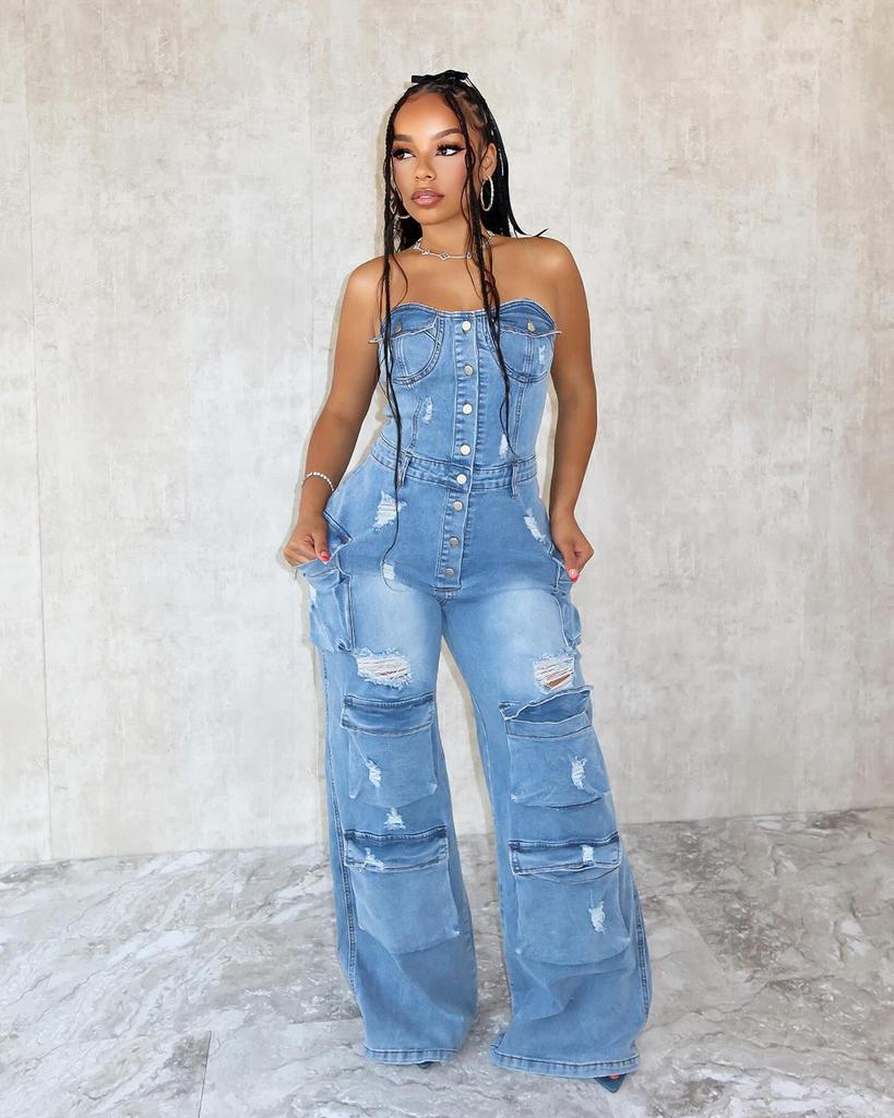 European & American Casual Strapless Slim-Fit Denim Jumpsuit for Women