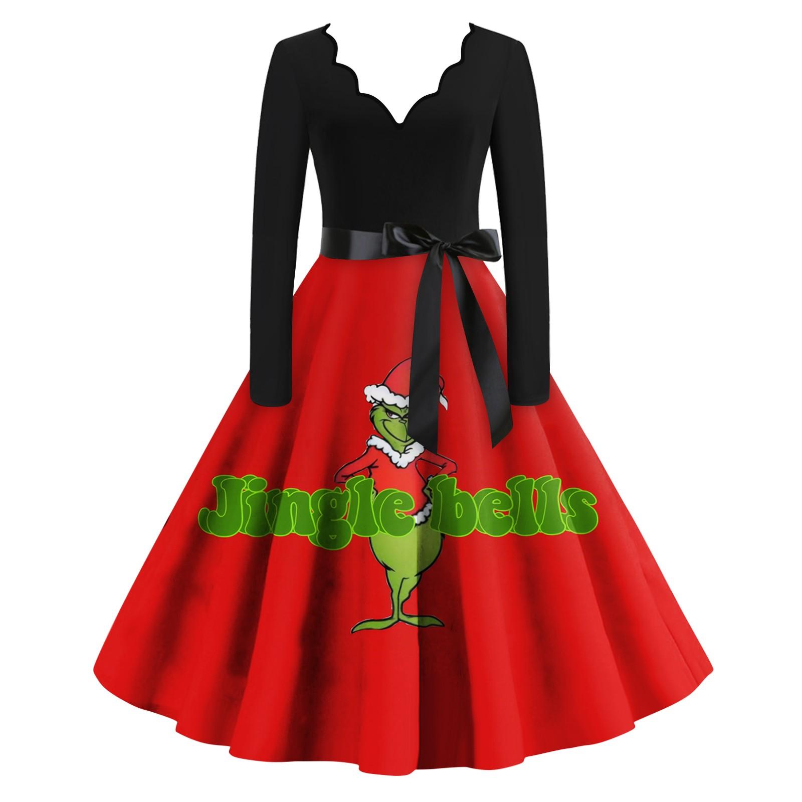 

Женское облегающее платье свободного кроя с рождественским принтом, контрастной строчкой, V-образным вырезом и длинными рукавами S красный