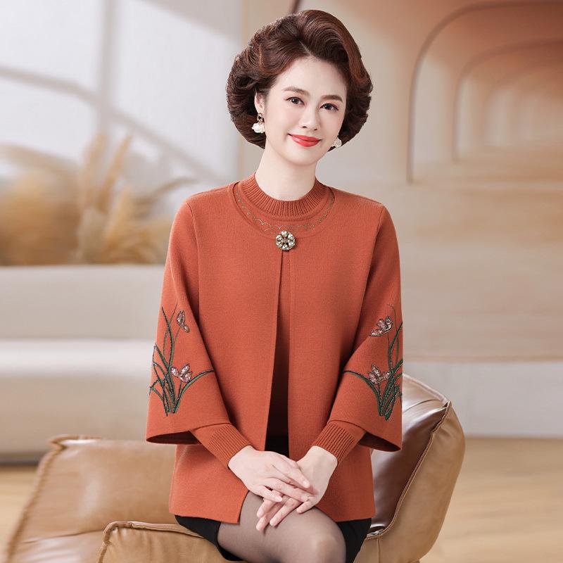 2026 Autumn New Style: Mom's Middle-Aged Women's Sweater Cardigan & Knit Top Two-Piece Set for Spring and Autumn