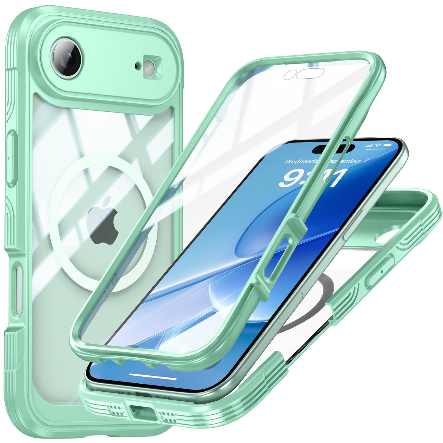 

For iPhone 17 Air Magnetic Case PC+TPU Phone Cover with Tempered Glass Screen Film Green