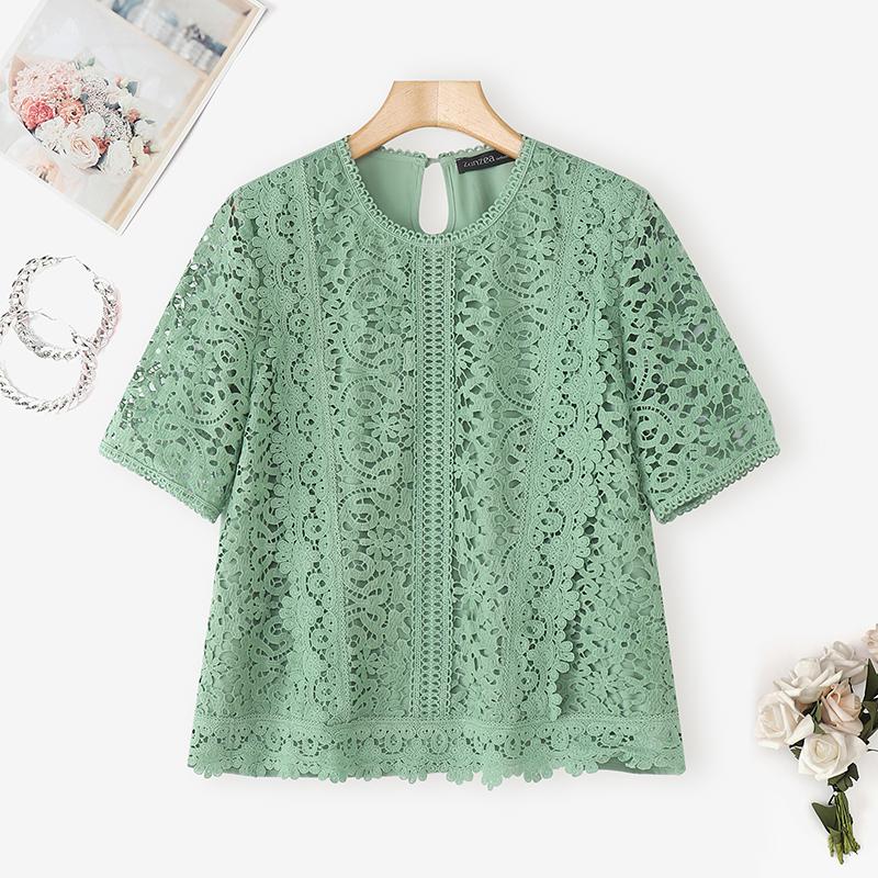 

ZANZEA Женская повседневная блузка с круглым вырезом, короткими рукавами, вышивкой, кружевной отделкой и лоскутным дизайном 5XL
