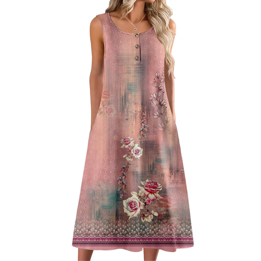 Women's Fashion Casual Sleeveless Button Floral Print Dress with Pocket
