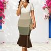 Women Plus Size Geometric Printed V Neck Short Sleeve Fitted Fishtail Dress Black Orange White