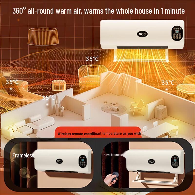 Încălzitor de baie cu telecomandă montat pe perete: Suflantă inteligentă cu temperatură constantă rece/caldă cu utilizare dublă, instalare fără găurire.