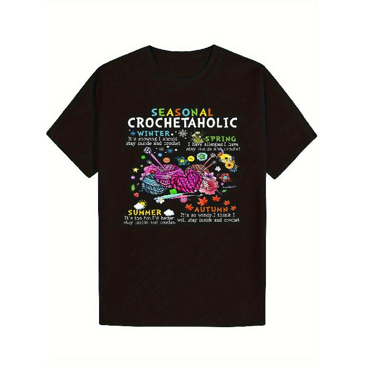 Men s & Women s Crochet Lovers T-Shirt - 100% Cotton Soft Retro Yarn & Hook Print with Crochet Patterns (Seasonal Motifs, Flowers, Snowflakes) - S чёрный