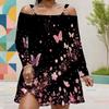 Dame Plus Size Kold skulder Langærmet Sort Pink Sommerfugl Blomstertrykket Kjole