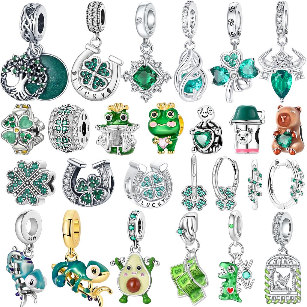 New Original Copper Green Charms Four-Leaf Clover Earrings Beads Pendants Fit Bracelet Necklace Diy Jewelry Gift