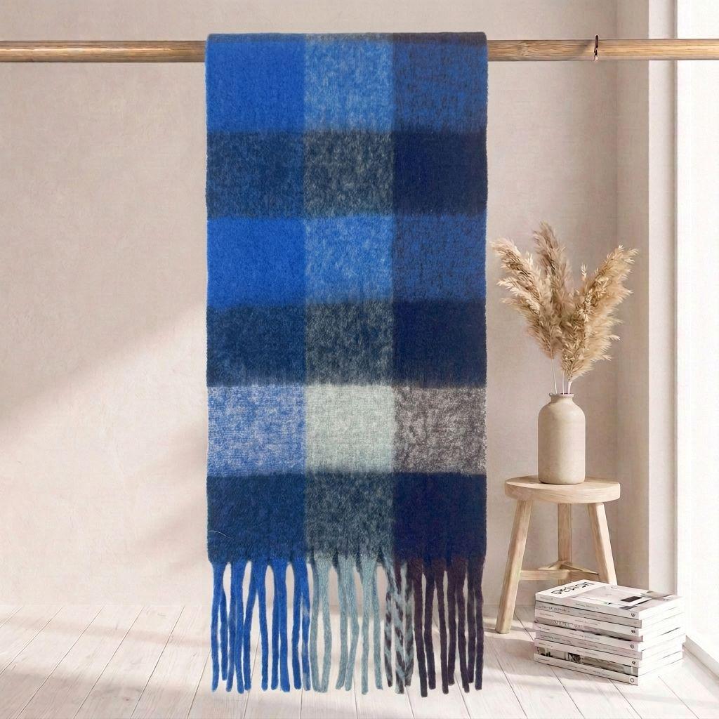 Women's High-Grade Colorful Plaid Mohair Scarf - Thick, Warm, and Versatile for Winter