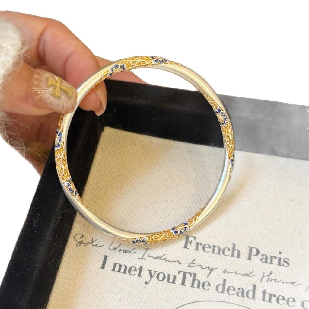 Autumn Frost Blue Flower Enamel Bracelet, New Chinese Style National Trend Enamel Color Bangle for Women, Pure Silver Plated, Non-Fading, Statement