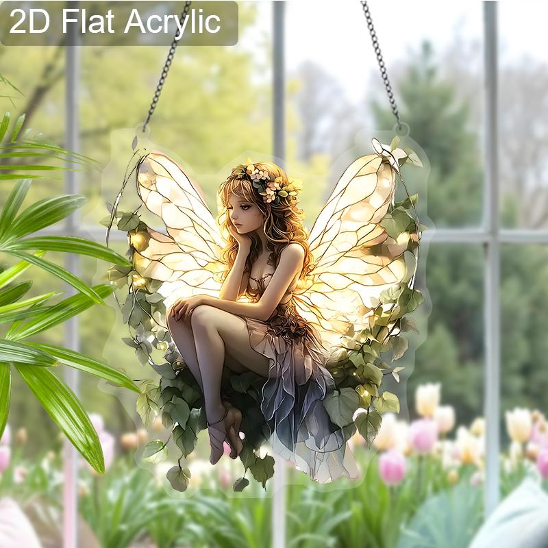 Acrylic Floral Fairy Suncatcher, Stained Glass Style Window Hanging Ornament for Fantasy and Nature Lovers