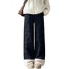 Women Cotton Pants Elastic High Waist Solid Color Wide Leg Causal Trousers with Pockets Thickened Plush Lining Winter Pants