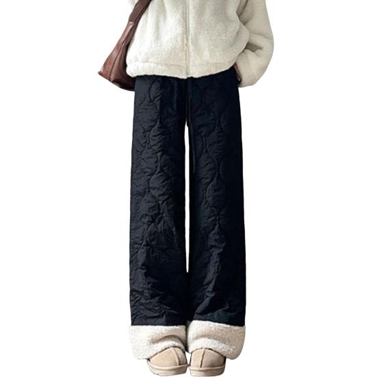 Women Cotton Pants Elastic High Waist Solid Color Wide Leg Causal Trousers with Pockets Thickened Plush Lining Winter Pants