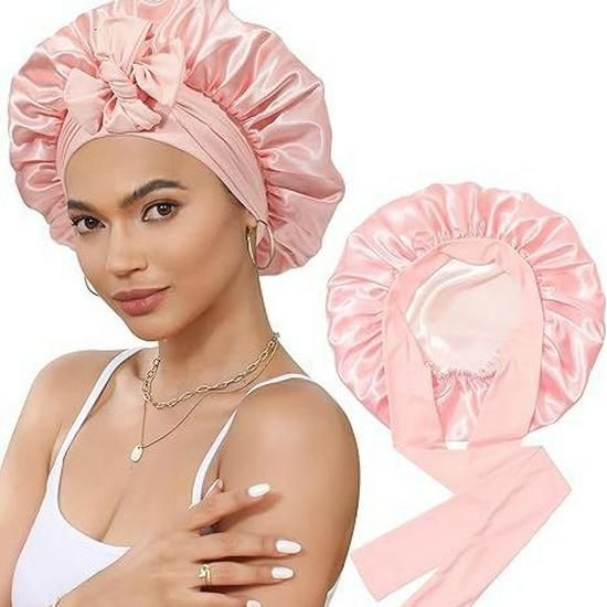Double-Layer Satin Bowknot Sleep Cap - Imitation Silk Wide Brim Hat for Hair Care