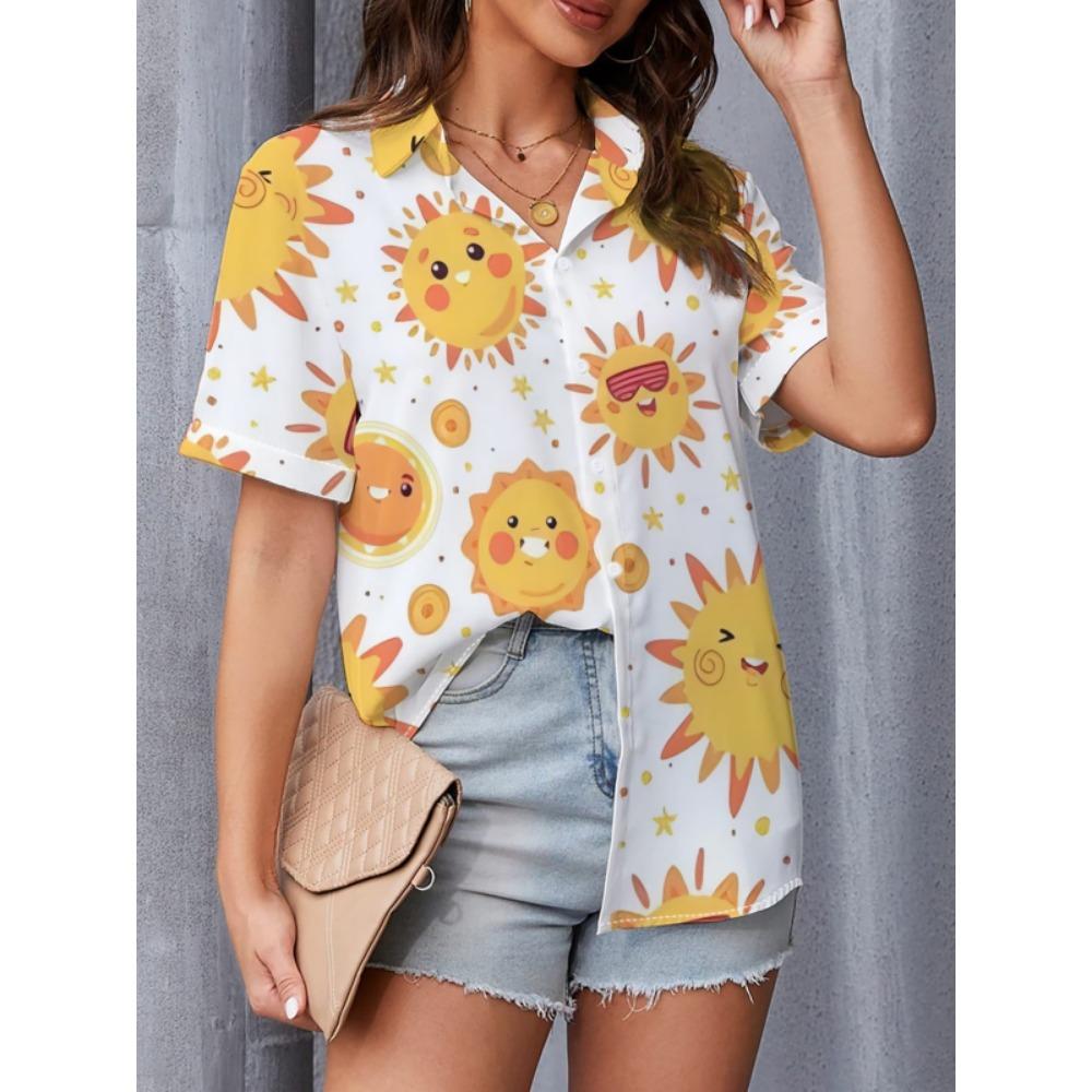 Minimalist and personalized printed women s short sleeved lapel shirt, summer fashion, daily versatile casual top XL