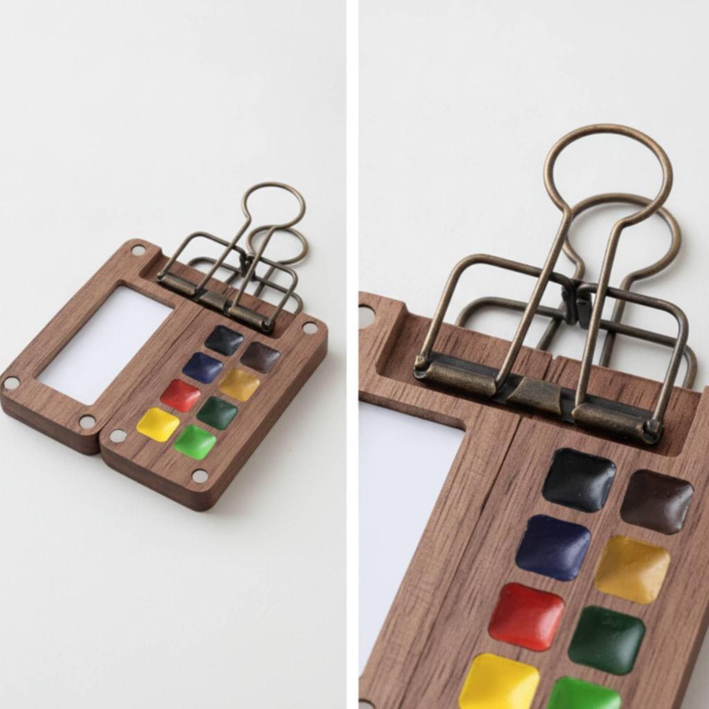 Watercolor Palette with Binder Clip Compact PocketSized Wooden Paint