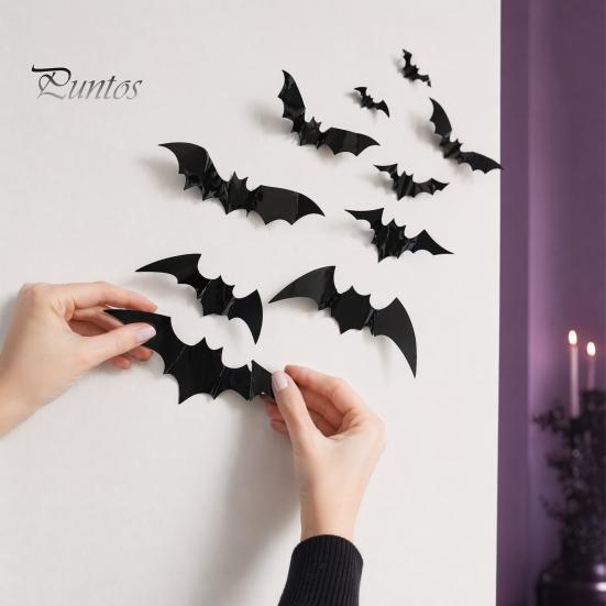 Halloween Party Wall Decor 12Pcs Bats Decals, 3D Bat Stickers for Home Decor, Hanging Decorations 4 Size Waterproof Black Spooky Bedroom Living