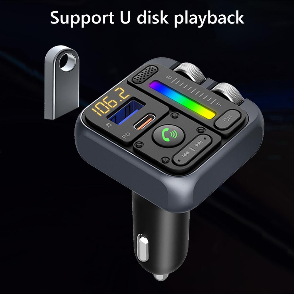 Bil FM-sender Trådløs Handsfree Bilsett Støtter USB-minnepinne Bil MP3-spiller Type C PD30W Hurtiglading Billader