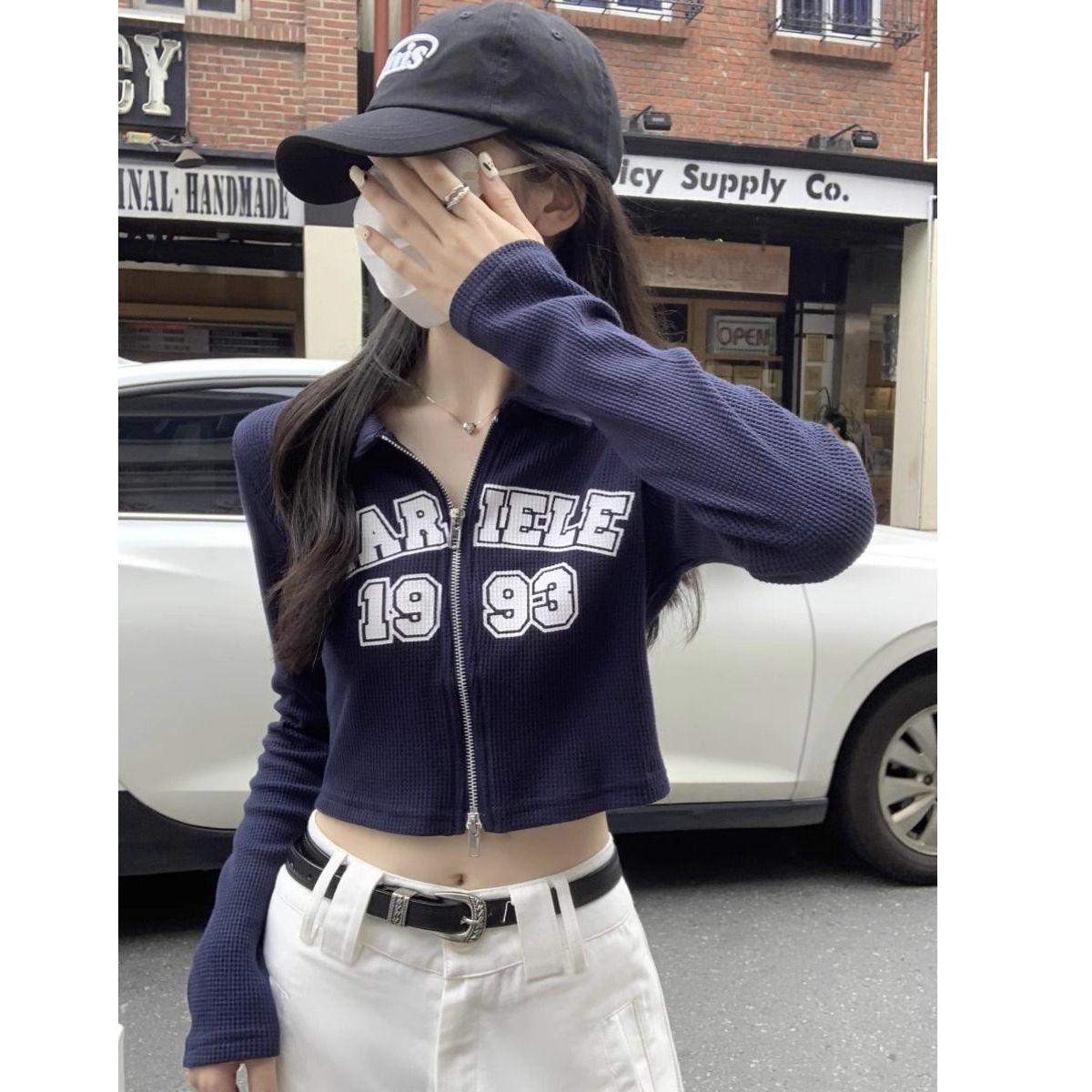 American Retro Hot Girl Double Zipper Cropped Top - Slim Fit Printed T-Shirt for Early Autumn L темно-синий