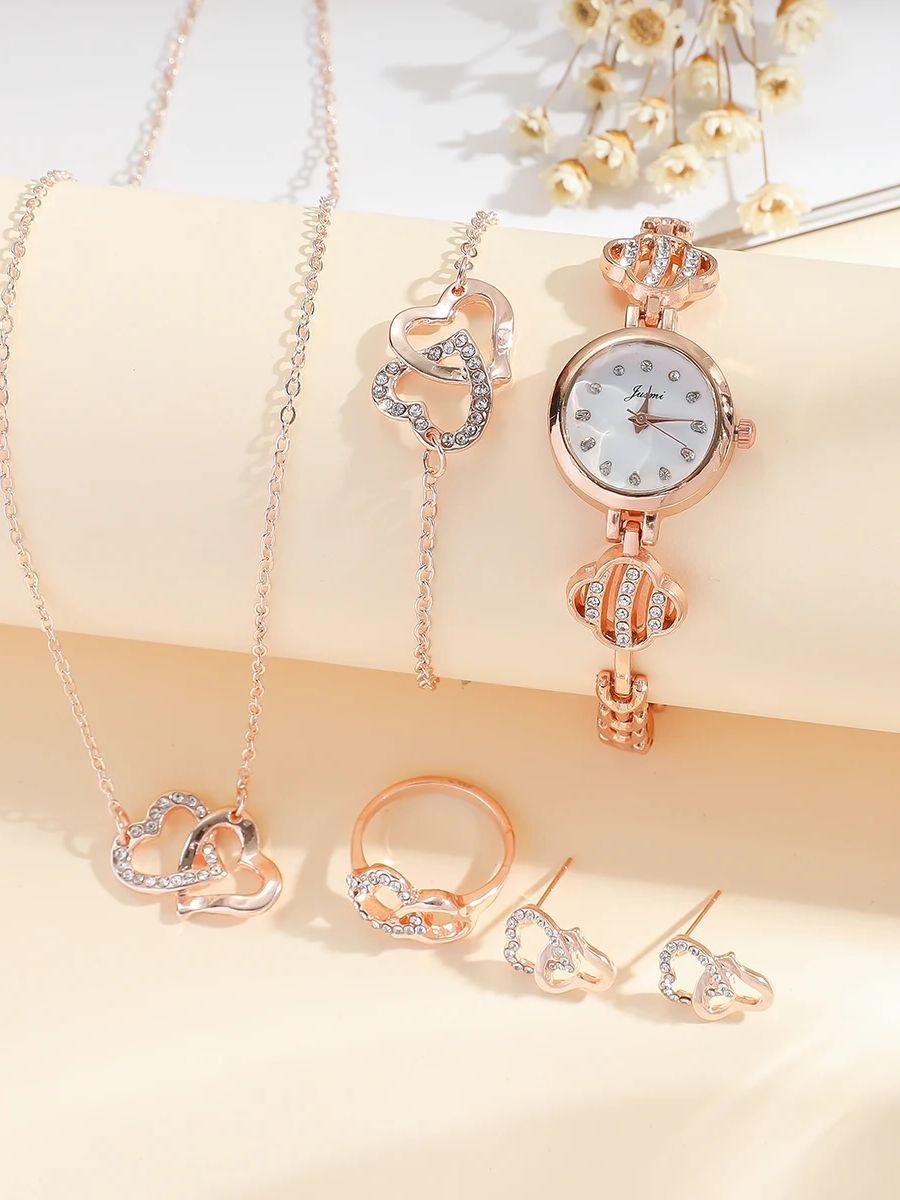 

Модные женские кварцевые часы с круглым маленьким циферблатом и стальным браслетом; браслет в стиле «от сердца к сердцу», ожерелье, серьги; высококлассный и банкомат ярко-розовый