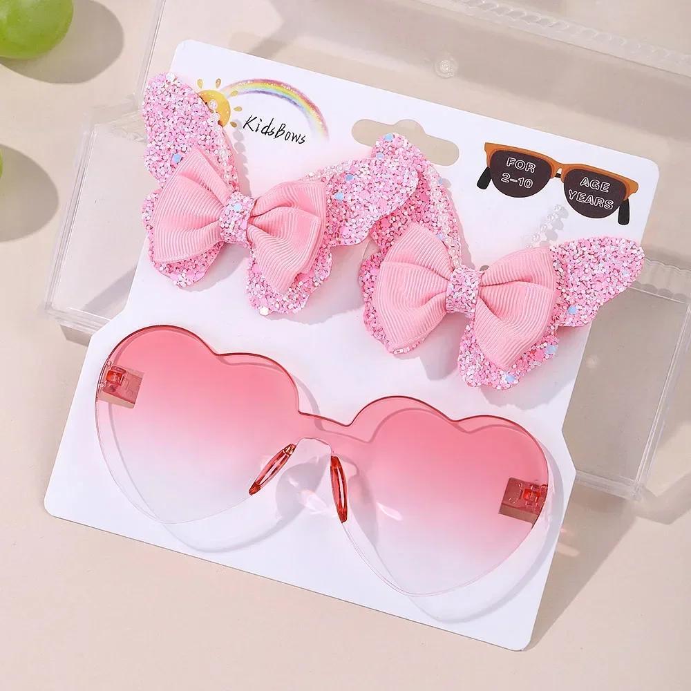3Pcs/Card Glitter Butterfly Hair Clips Sunglasses for Girls Sparkling Kids Bows Hairpins Sun Glasses Cute Hair Accessories Set