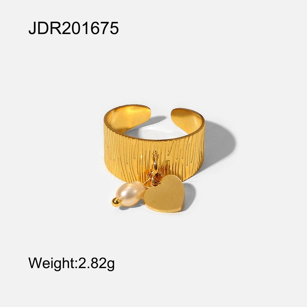 New Charm 18k Gold Plated Opening Adjustable Stainless Steel Heart Pendant Freshwater Pearl Wide Rings for Women