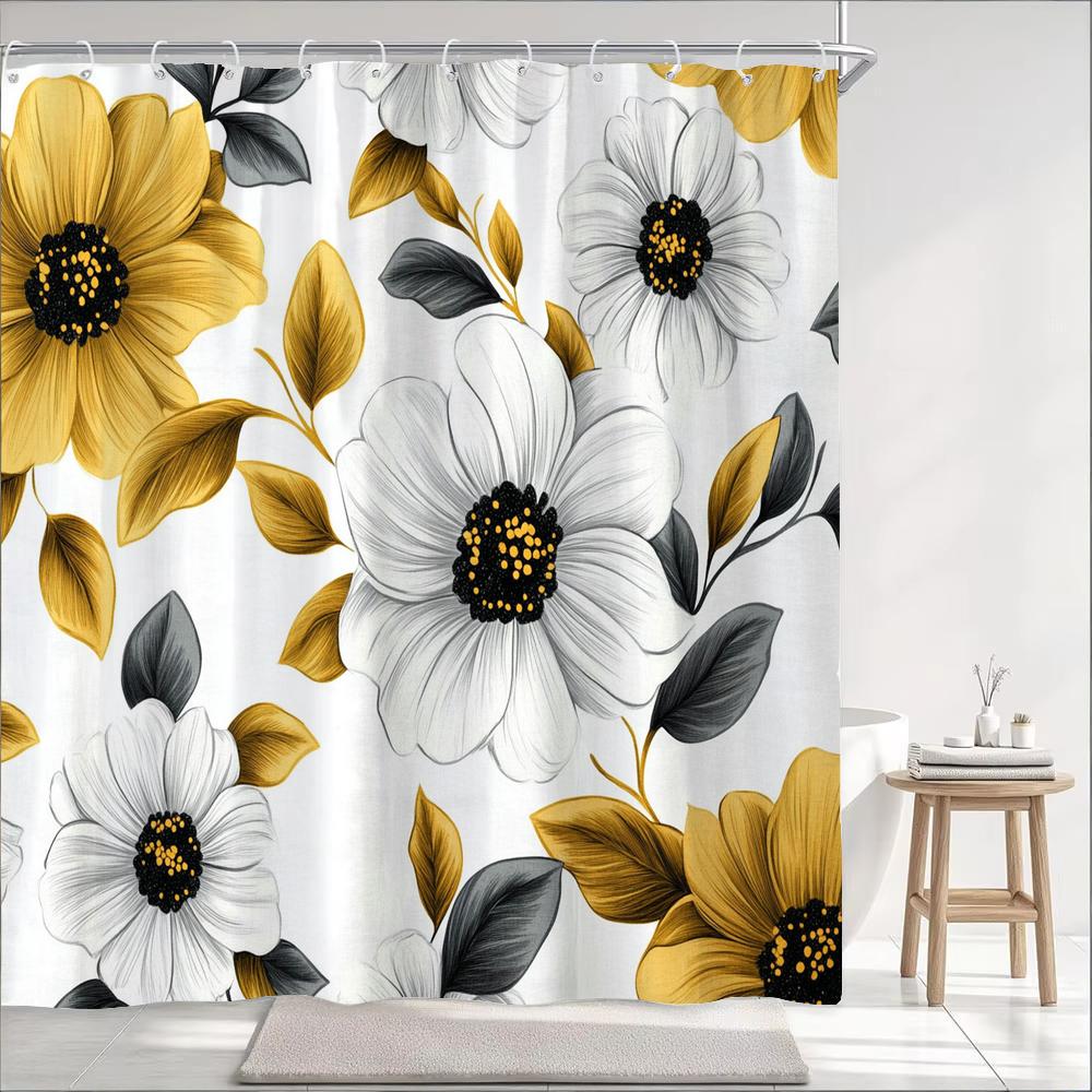 Black And White Flowers Printed Shower Curtain Partition Privacy Hanging Floral Bathroom Curtain With Hooks Decoration Curtain